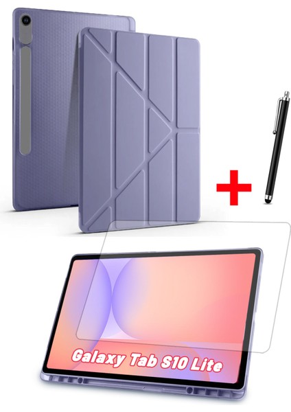 Samsung Galaxy Tab S10 Lite Uyumlu Trifolding Kalem Bölmeli Silikon Kılıf Ekran Koruyucu ve Kalem Set