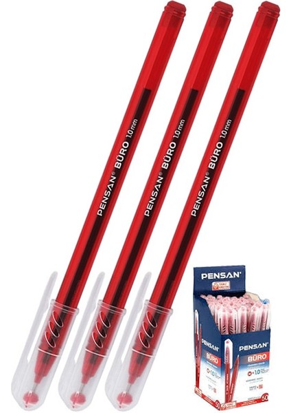 Kırmızı Tükenmez Kalem 1.0mm 3 Adet Pensan Büro Tipi Ballpoint Büro Plastik Kapaklı Tükenmez Kalem