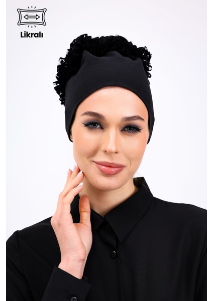 Likralı Fırfırlı Dikişsiz Bone - Kadın Tesettür Bağlamalı Topuz Iç Bone Viskon Siyah