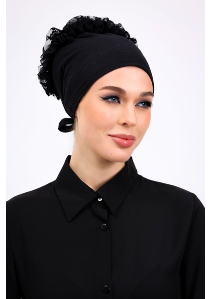 Likralı Fırfırlı Dikişsiz Bone - Kadın Tesettür Bağlamalı Topuz Iç Bone Viskon Siyah fiyatları