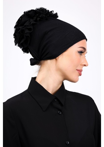 Likralı Fırfırlı Dikişsiz Bone - Kadın Tesettür Bağlamalı Topuz Iç Bone Viskon Siyah fırsatları