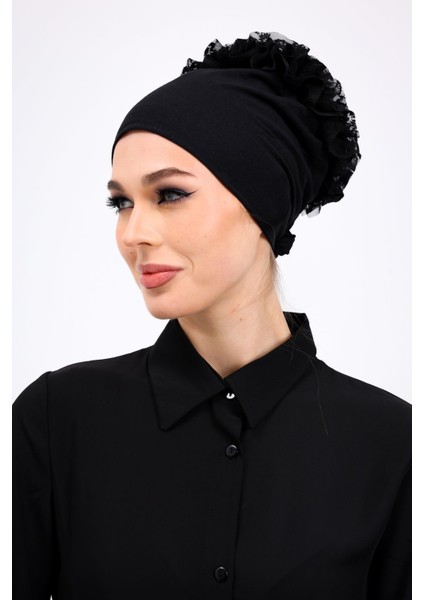 Likralı Fırfırlı Dikişsiz Bone - Kadın Tesettür Bağlamalı Topuz Iç Bone Viskon Siyah indirimleri