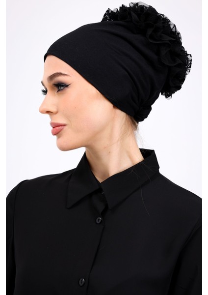 Likralı Fırfırlı Dikişsiz Bone - Kadın Tesettür Bağlamalı Topuz Iç Bone Viskon Siyah