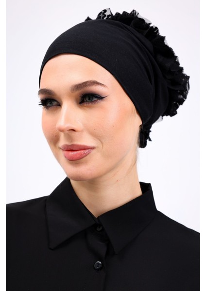 Likralı Fırfırlı Dikişsiz Bone - Kadın Tesettür Bağlamalı Topuz Iç Bone Viskon Siyah