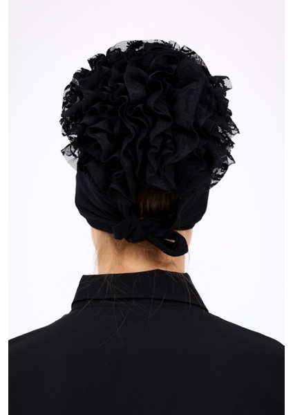 Likralı Fırfırlı Dikişsiz Bone - Kadın Tesettür Bağlamalı Topuz Iç Bone Viskon Siyah