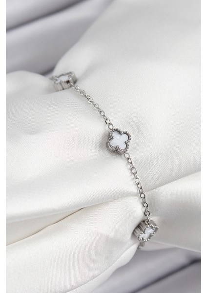 316L Çelik Beyaz Sedef Yonca Model Gümüş Renk Kadın Bileklik