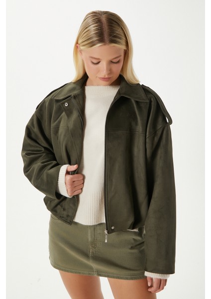 Kadın Rodney Süet Etkili Haki Bomber Ceket