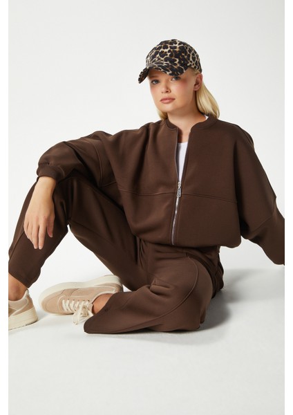 Kadın Darcy Içi Polarlı Oversize Kalıp Kahverengi Alt Üst Eşofman Takımı