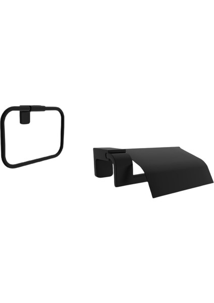 F1 Serisi Siyah Paslanmaz Kare Havluluk ve Kapaklı Tuvalet Kağıtlık Banyo Seti