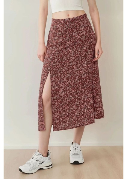 Kadın Çiçek Desenli Yüksek Bel Midi Etek Red