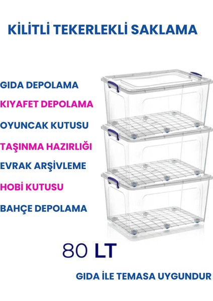 80 Lt Tekerlekli Şeffaf Saklama Kutusu Kilit Kapaklı Gıda Temasına Uygun Kıyafet ve Oyuncak Depolama