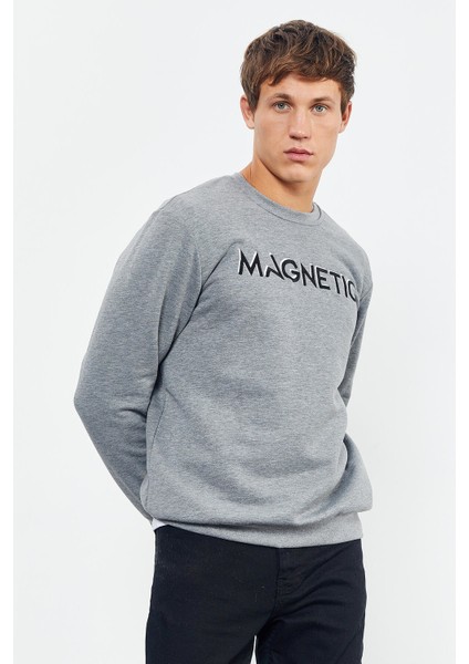 Gri Melanj Yazı Nakışlı O Yaka Rahat Form İçi Polarlı Erkek Sweatshirt - 88020