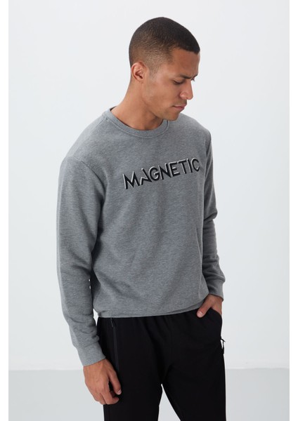 Gri Melanj Yazı Nakışlı O Yaka Rahat Form İçi Polarlı Erkek Sweatshirt - 88020