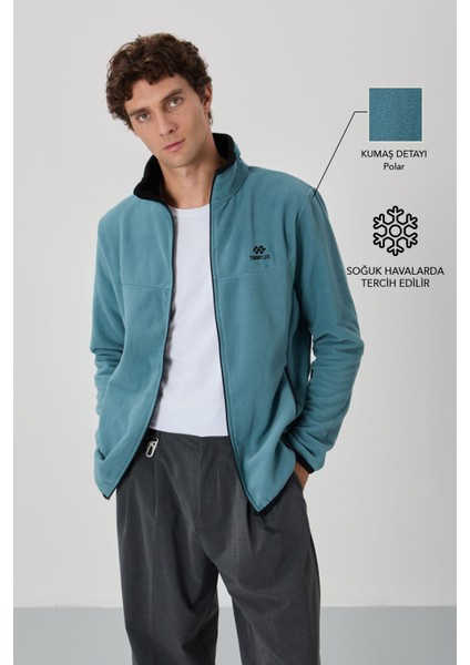 Mint Yeşili Yazı Nakışlı Dik Yaka Fermuarlı Standart Kalıp Erkek Sweatshirt Polar - 87992