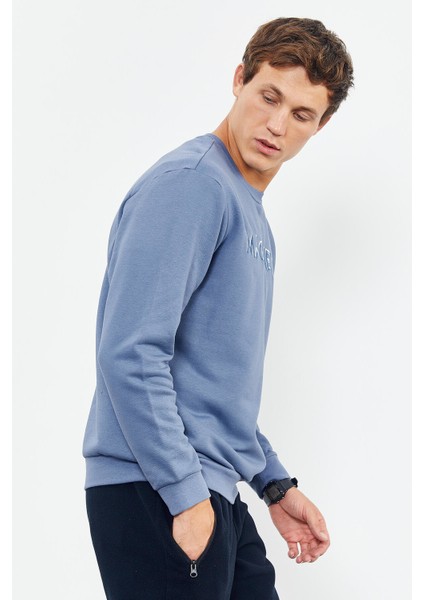 Petrol Yazı Nakışlı O Yaka Rahat Form İçi Polarlı Erkek Sweatshirt - 88020