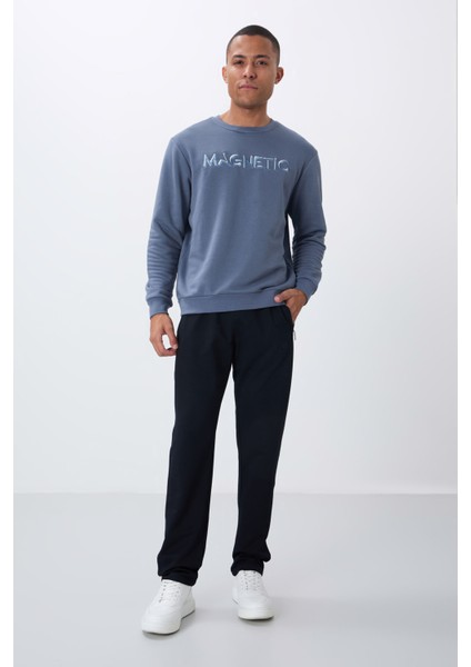 Petrol Yazı Nakışlı O Yaka Rahat Form İçi Polarlı Erkek Sweatshirt - 88020