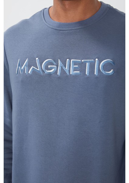 Petrol Yazı Nakışlı O Yaka Rahat Form İçi Polarlı Erkek Sweatshirt - 88020