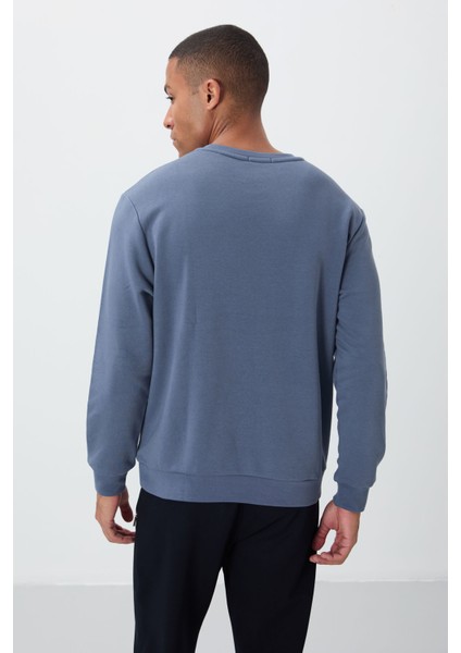 Petrol Yazı Nakışlı O Yaka Rahat Form İçi Polarlı Erkek Sweatshirt - 88020