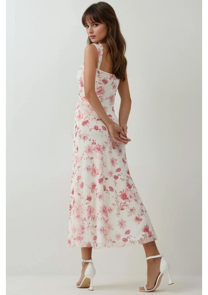 Kadın Kalp Yaka Desenli Maxi Elbise Multicolor