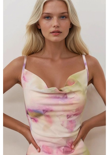 Kadın Degaje Yaka Desenli Maxi Tül Elbise Multicolor