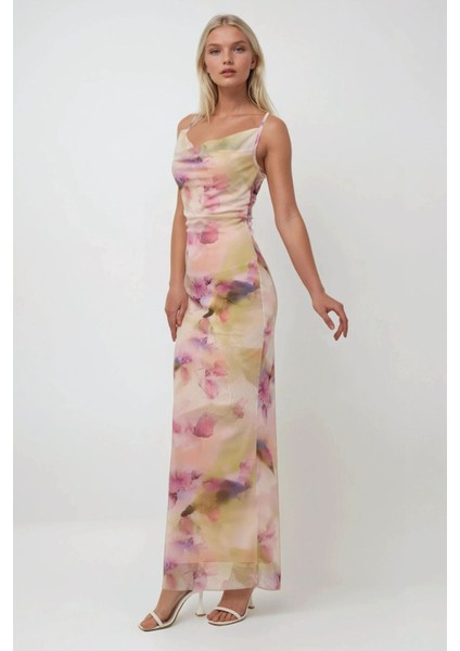 Kadın Degaje Yaka Desenli Maxi Tül Elbise Multicolor