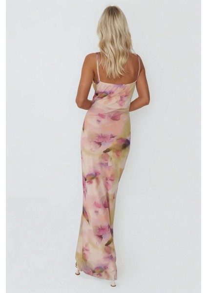 Kadın Degaje Yaka Desenli Maxi Tül Elbise Multicolor