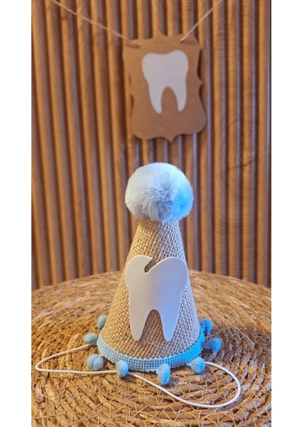 Dişim Çıktı Şapka Jüt Kumaş Mavi Ponponlu Şapka Doğum Günü Şapkası Diş Buğdayı