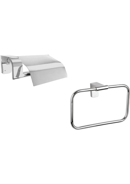 F1 Serisi Krom Paslanmaz Kare Havluluk ve Kapaklı Tuvalet Kağıtlık Banyo Seti
