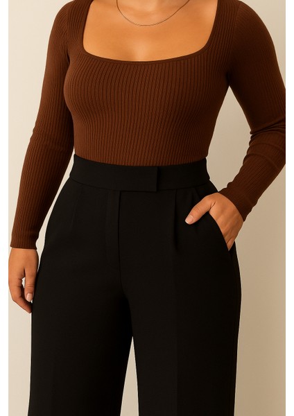 Kadın Palazzo Pantolon Siyah – Yüksek Bel, Likralı, Rahat Kesim, Şık Ofis & Günlük Kombin