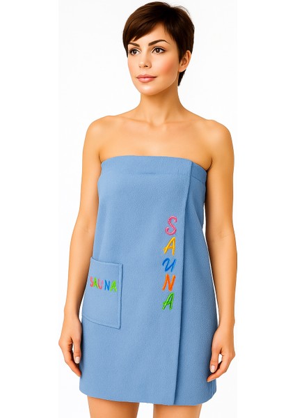 Plaj Elbisesi Sauna %100 Pamuklu Nakışlı Mavi