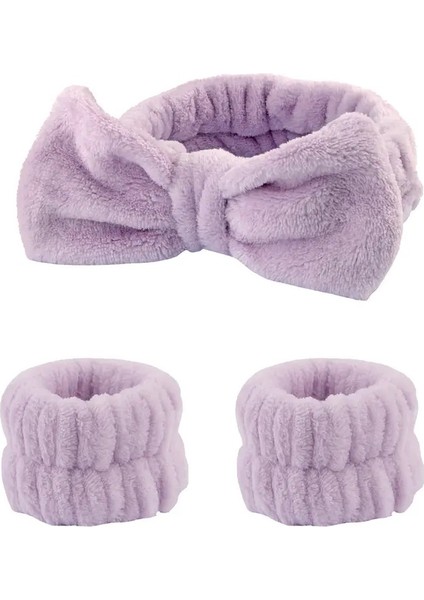 Fiyonk ve Kolluklu Peluş Bandana Makyaj Spa Saç Bandı Lila