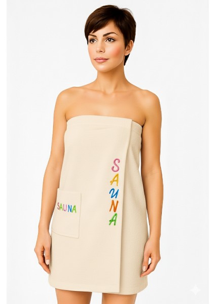 Plaj Elbisesi Sauna %100 Pamuklu Nakışlı Krem