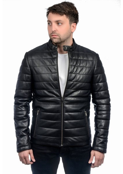 Kroos Hakiki Deri Erkek Siyah Şişme Ceket-Mont