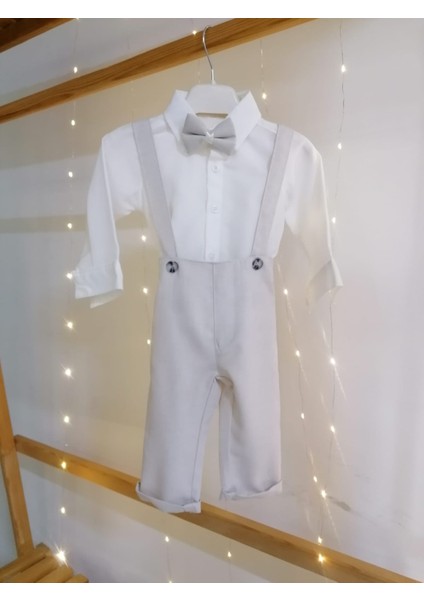 Papyonlu 3'lü Bej Klasik Erkek Bebek Salopet Takım Özel Gün Kıyafeti Düğün Bebek Hediyesi