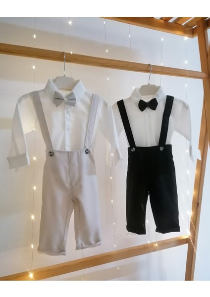 Papyonlu 3'lü Bej Klasik Erkek Bebek Salopet Takım Özel Gün Kıyafeti Düğün Bebek Hediyesi indirimleri