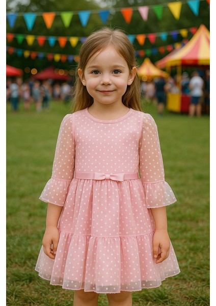 Kız Çocuk Pembe ve Kırmızı Tül Detaylı Abiye Elbise