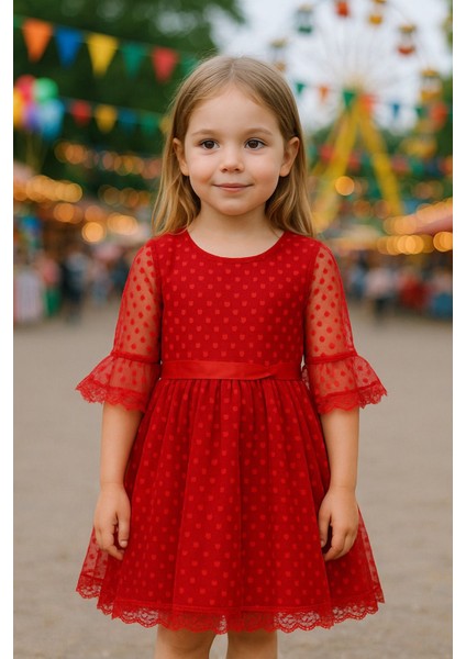 Kız Çocuk Pembe ve Kırmızı Tül Detaylı Abiye Elbise