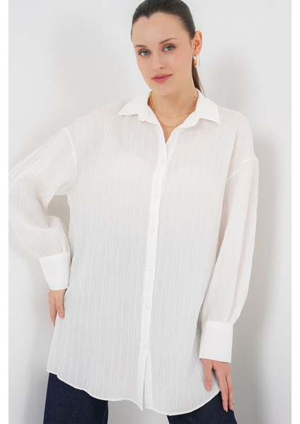 Kadın BDART Dokulu Düğmeli Uzun Kol Gömlek White