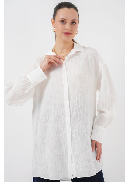 Kadın BDART Dokulu Düğmeli Uzun Kol Gömlek White
