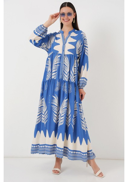 Kadın BDART Düğmeli V Yaka Desenli Maxi Elbise Fas Mavisi