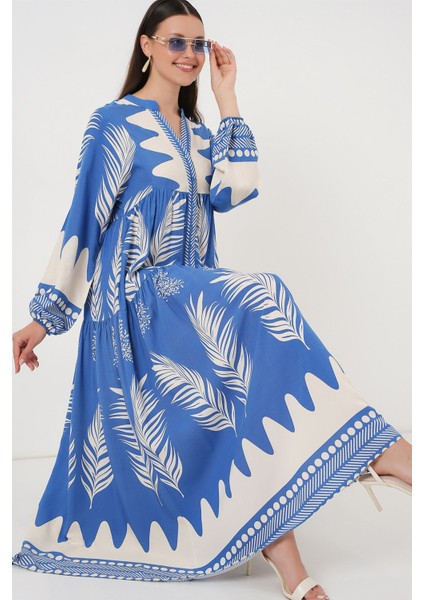 Kadın BDART Düğmeli V Yaka Desenli Maxi Elbise Fas Mavisi