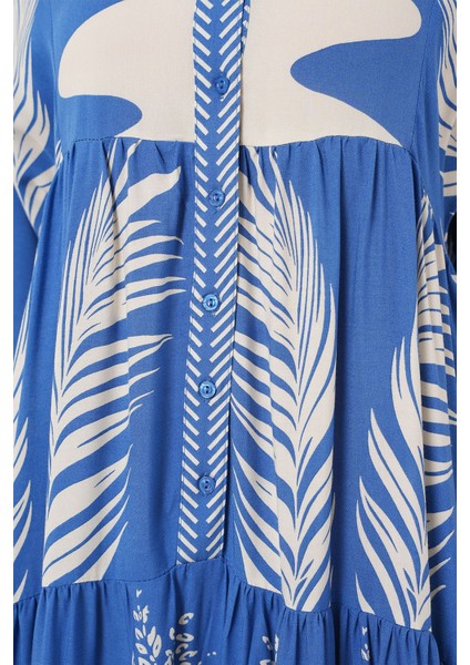 Kadın BDART Düğmeli V Yaka Desenli Maxi Elbise Fas Mavisi