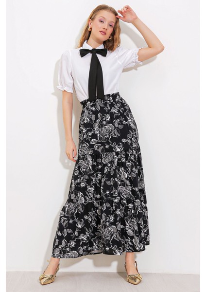 Kadın BDART Rahat Kesim Desenli Maxi Etek Black