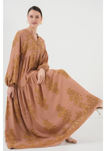 Kadın BDART Düğmeli V Yaka Desenli Maxi Elbise Yellow