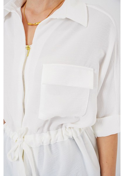Kadın BDART Düğmeli Yaka ile Dokumalı Fermuarlı Gömlek Beyaz