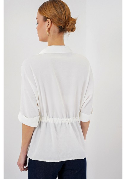 Kadın BDART Düğmeli Yaka ile Dokumalı Fermuarlı Gömlek Beyaz