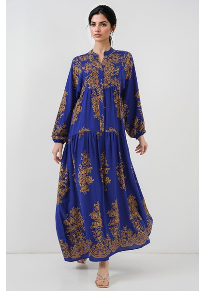 Kadın BDART Düğmeli V Yaka Desenli Maxi Elbise Blue