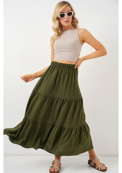 Kadın BDART Dokulu Maxi Etek Haki Yeşil