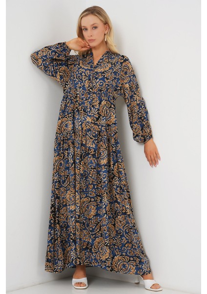 Kadın BDART Düğmeli V Yaka Desenli Maxi Elbise Lacivert