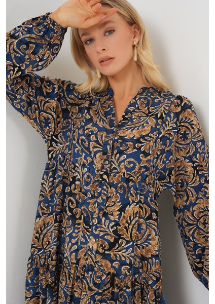 Kadın BDART Düğmeli V Yaka Desenli Maxi Elbise Lacivert